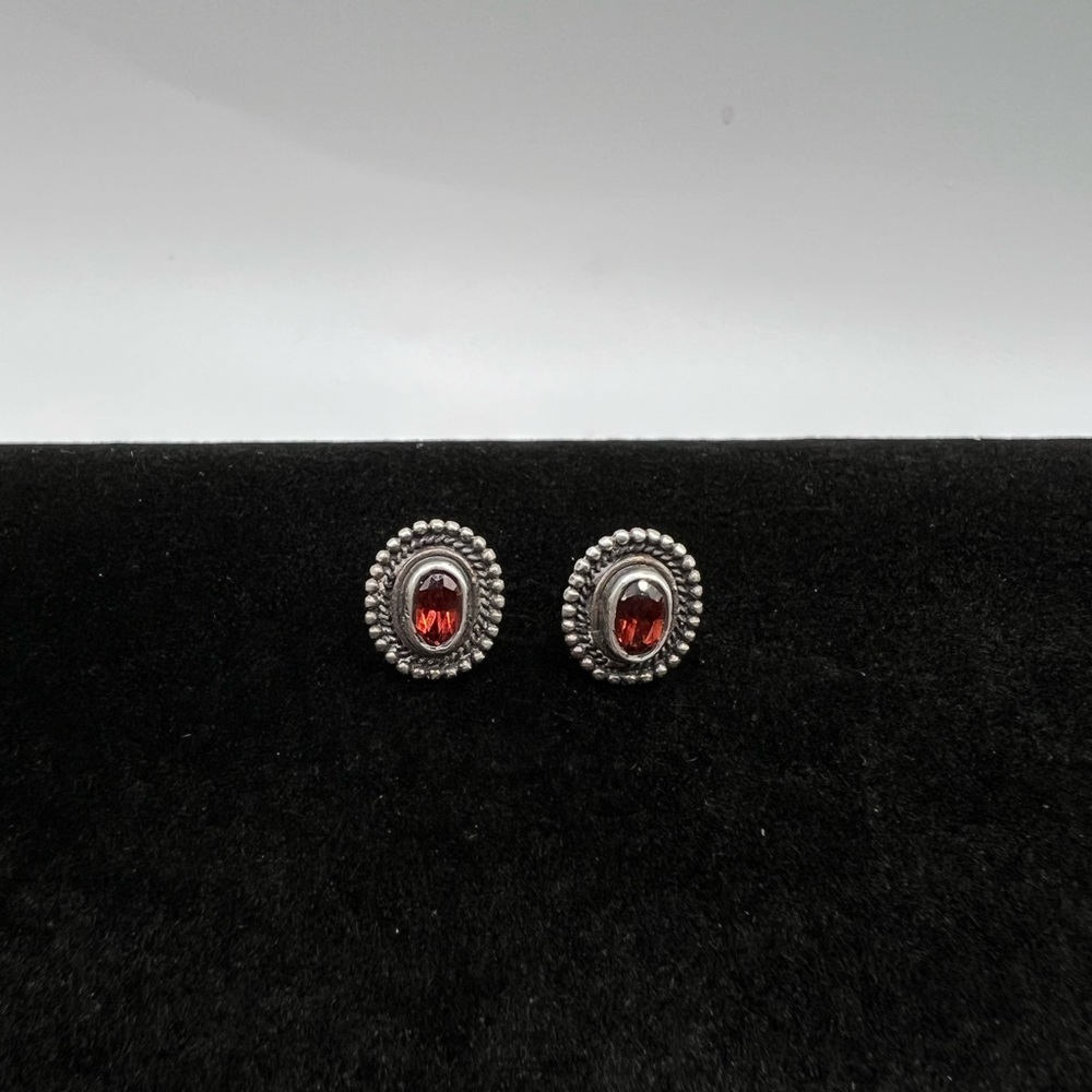 Vintage Sterling Silver Red Stone Stud Earrings Mexico